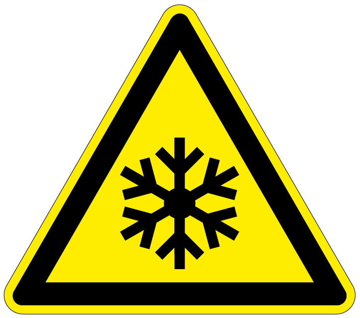 Sneeuw en vorst symbool, geel zwart, driehoek, iso 7010, w010, sneeuwvlok
